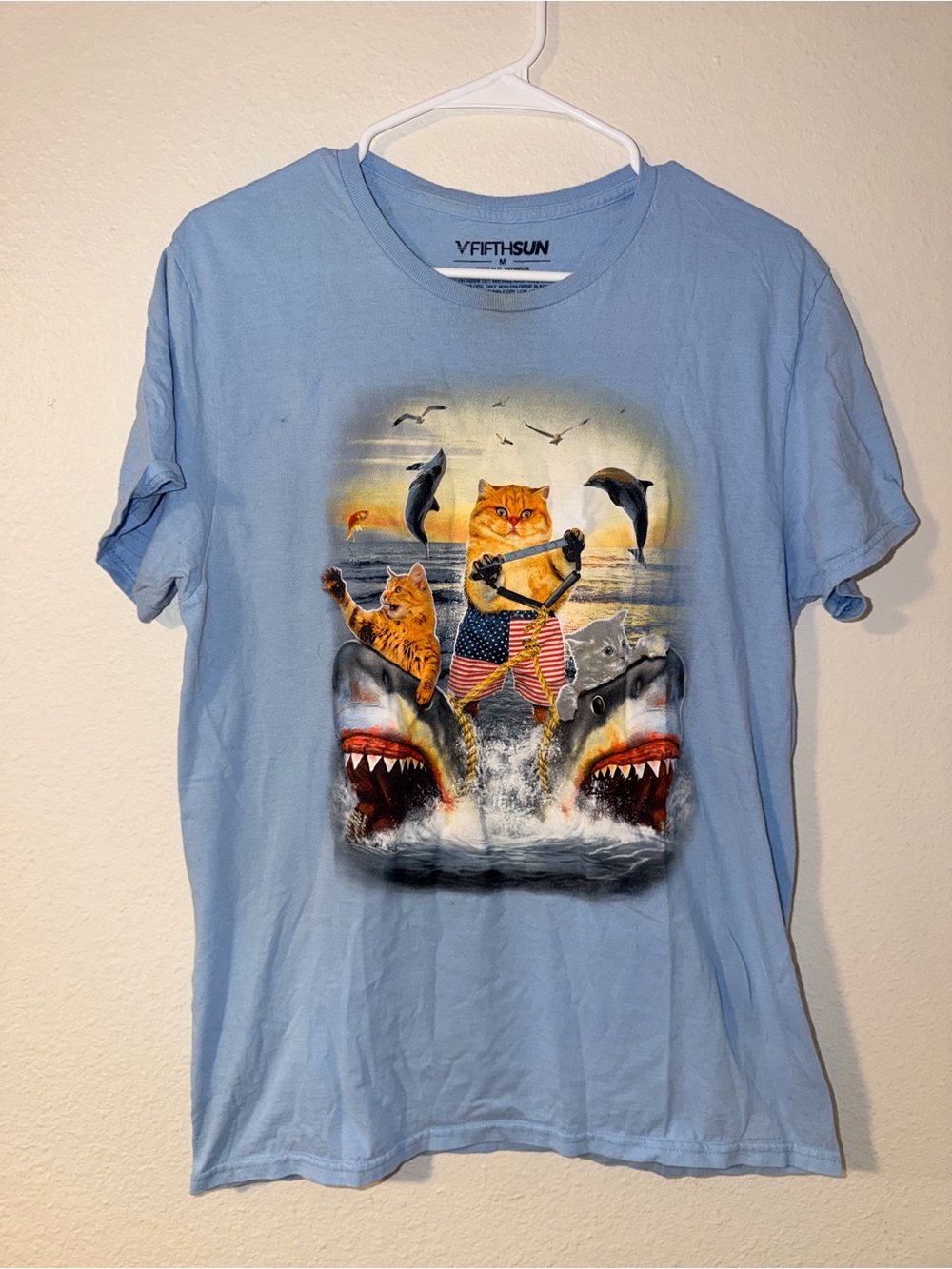 Fifth Sun Light Blue Cat & Shark Graphic Tee